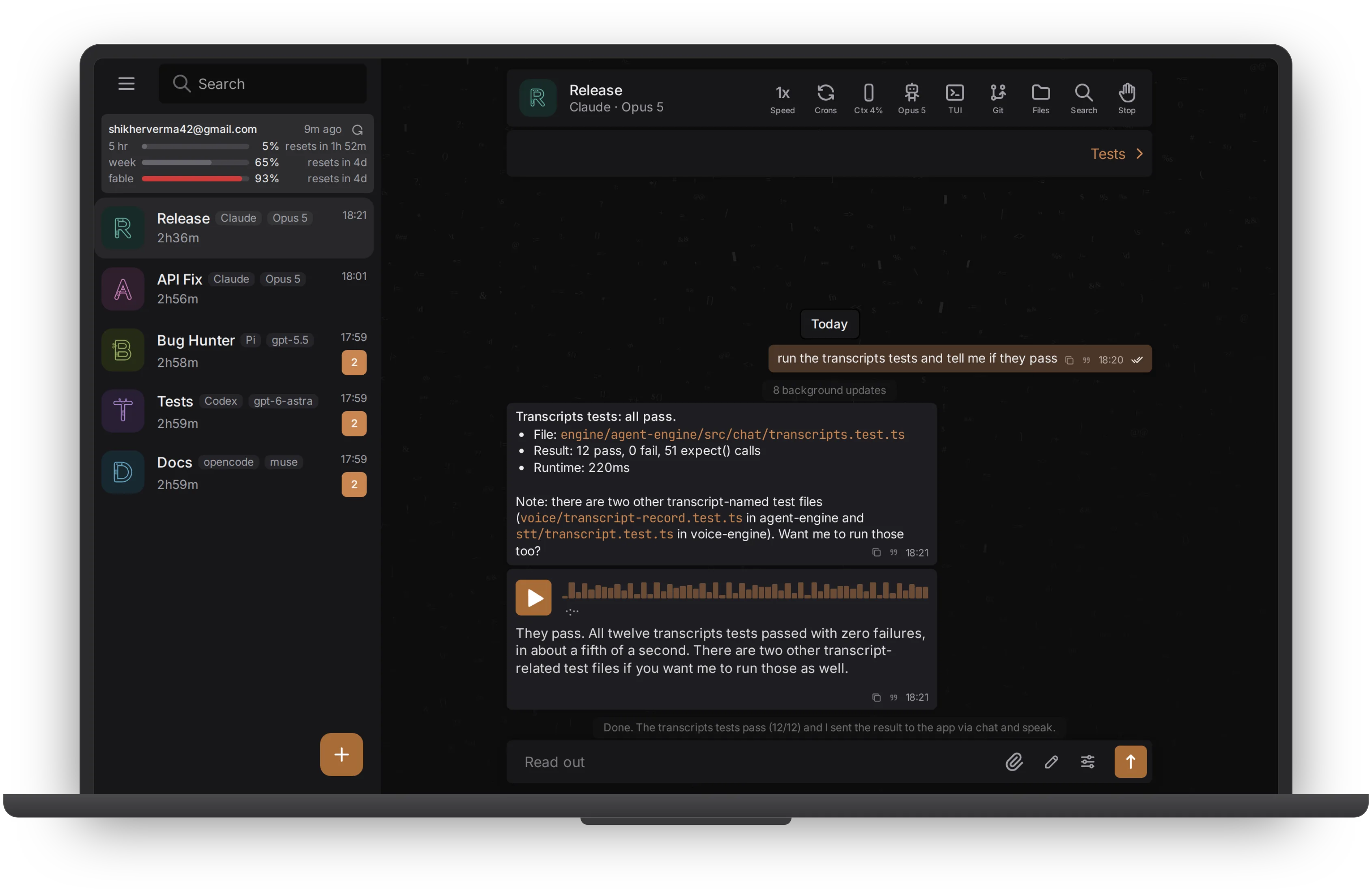 The CallYourCode app on a laptop: a roster of Claude Code, Codex, OpenCode and Pi agents, one conversation open