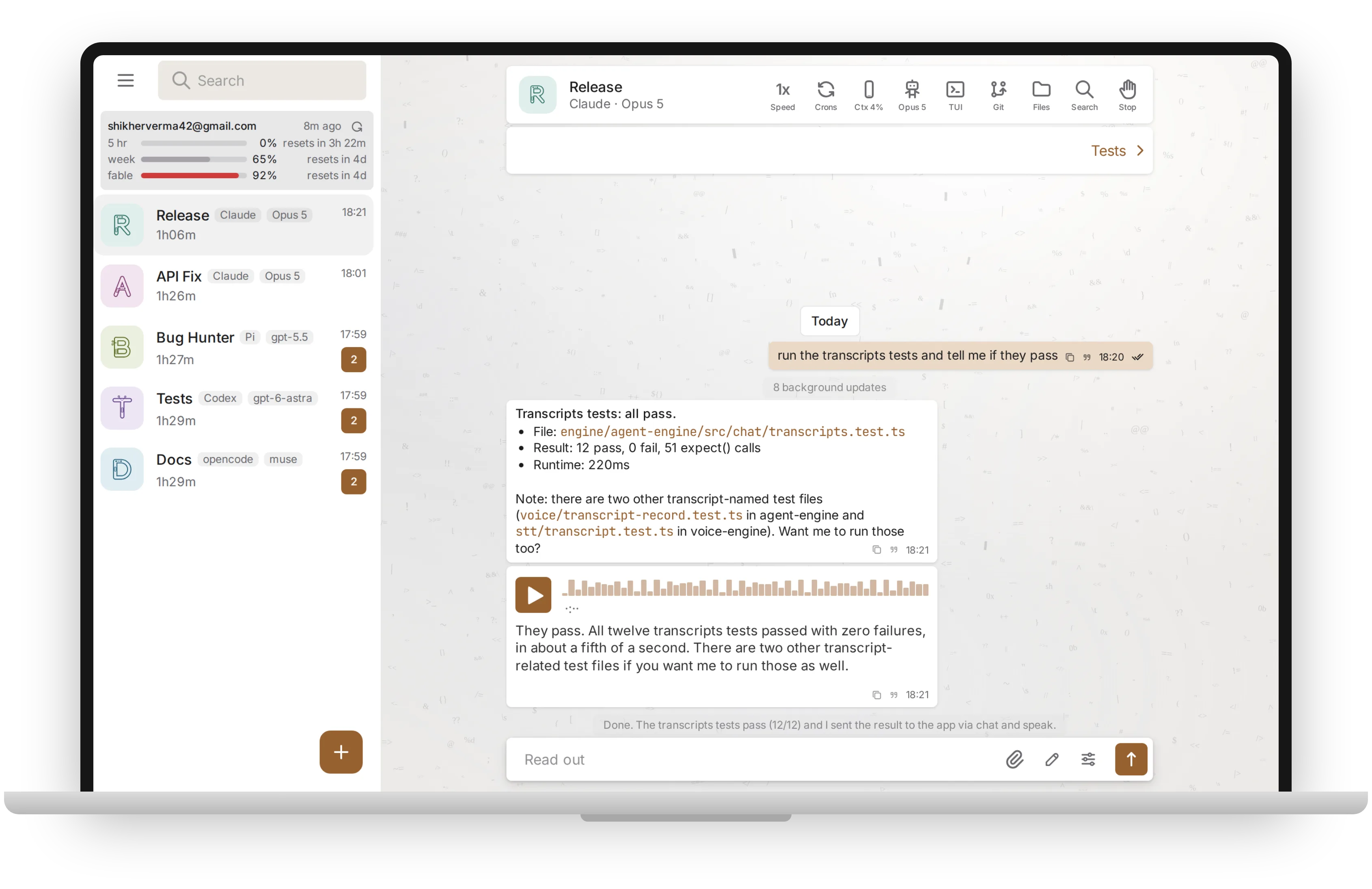 The CallYourCode app on a laptop: a roster of Claude Code, Codex, OpenCode and Pi agents, one conversation open
