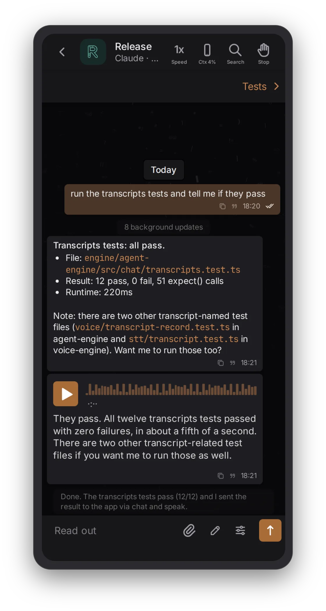 The same conversation as a chat on the phone: a written reply and a voice note back
