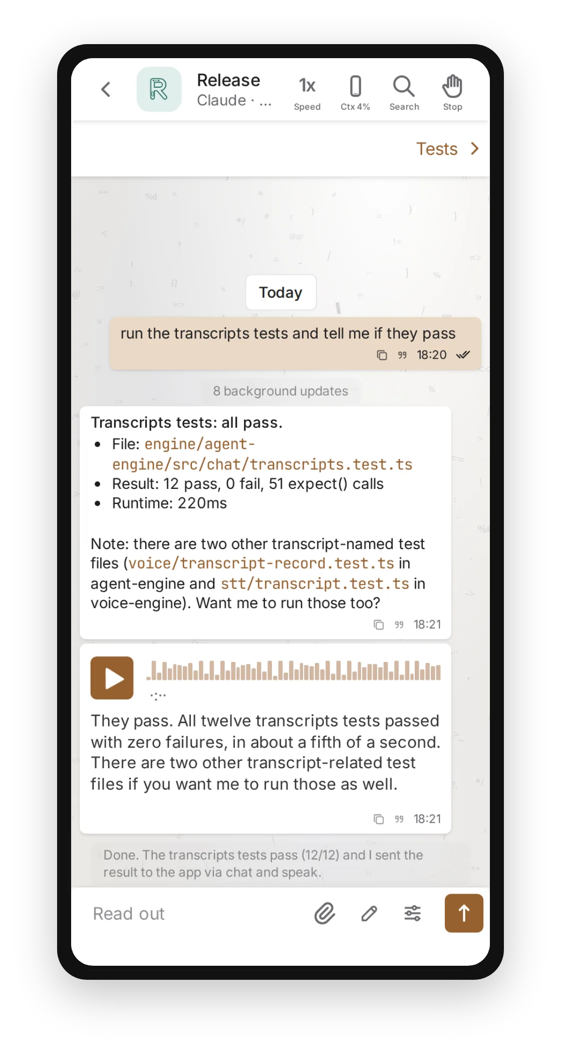 The same conversation as a chat on the phone: a written reply and a voice note back