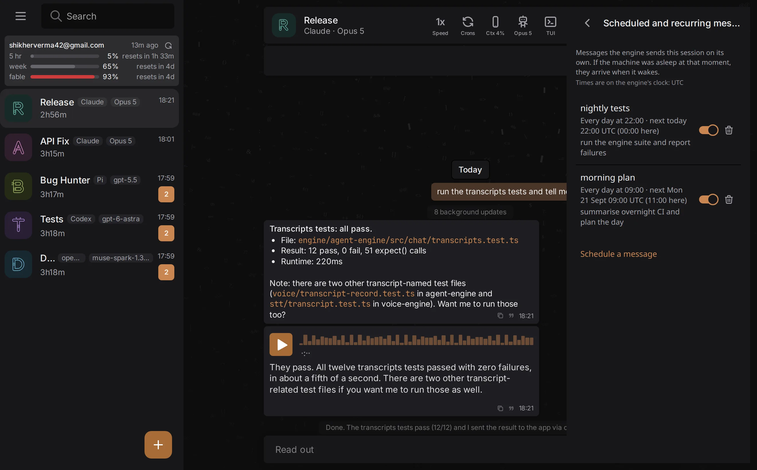 The Crons panel beside a conversation: two recurring schedules with toggles and next-run times
