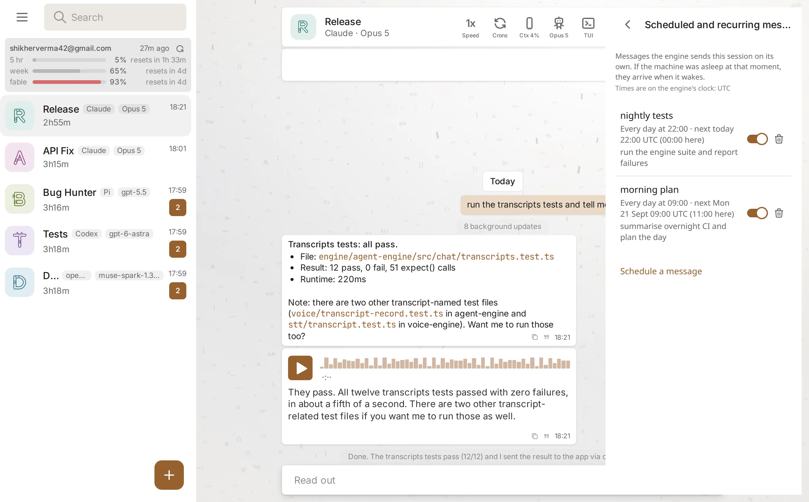 The Crons panel beside a conversation: two recurring schedules with toggles and next-run times