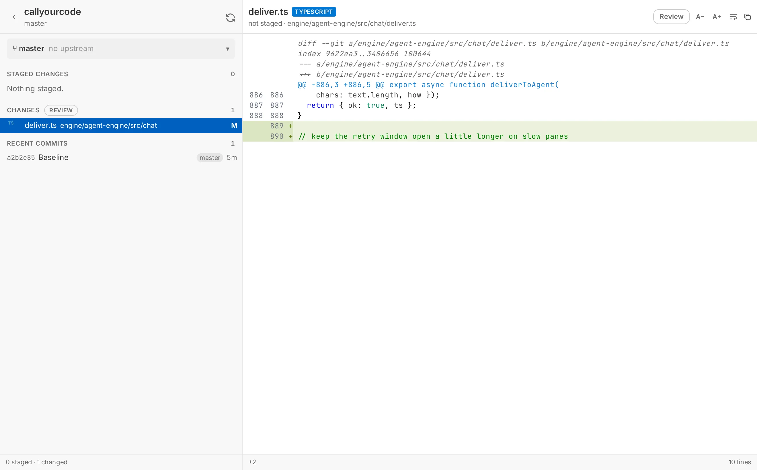 The Git page: working-tree changes on the left, the selected file's diff open on the right