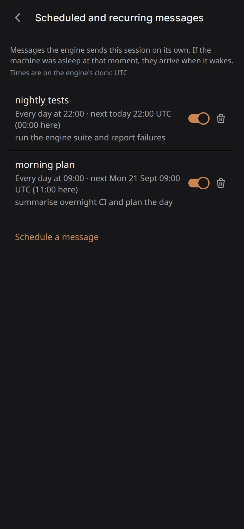 The Crons panel on a phone: two recurring schedules with toggles and next-run times