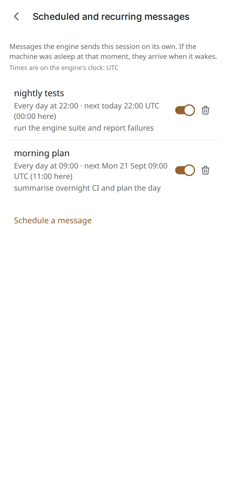 The Crons panel on a phone: two recurring schedules with toggles and next-run times
