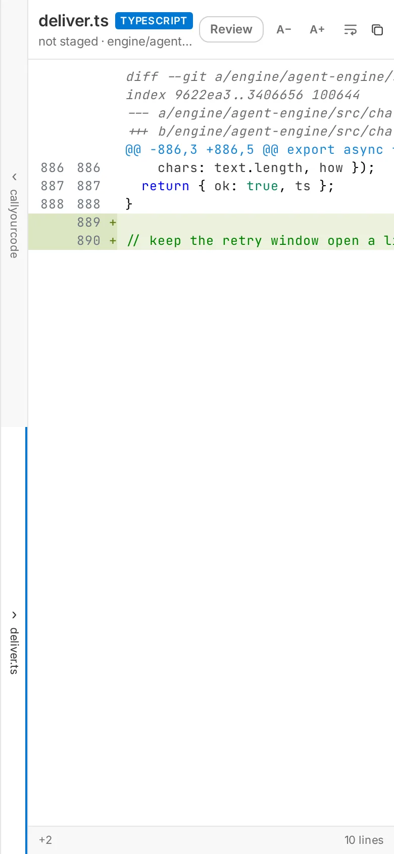 The Git page on a phone: the changed file's diff open