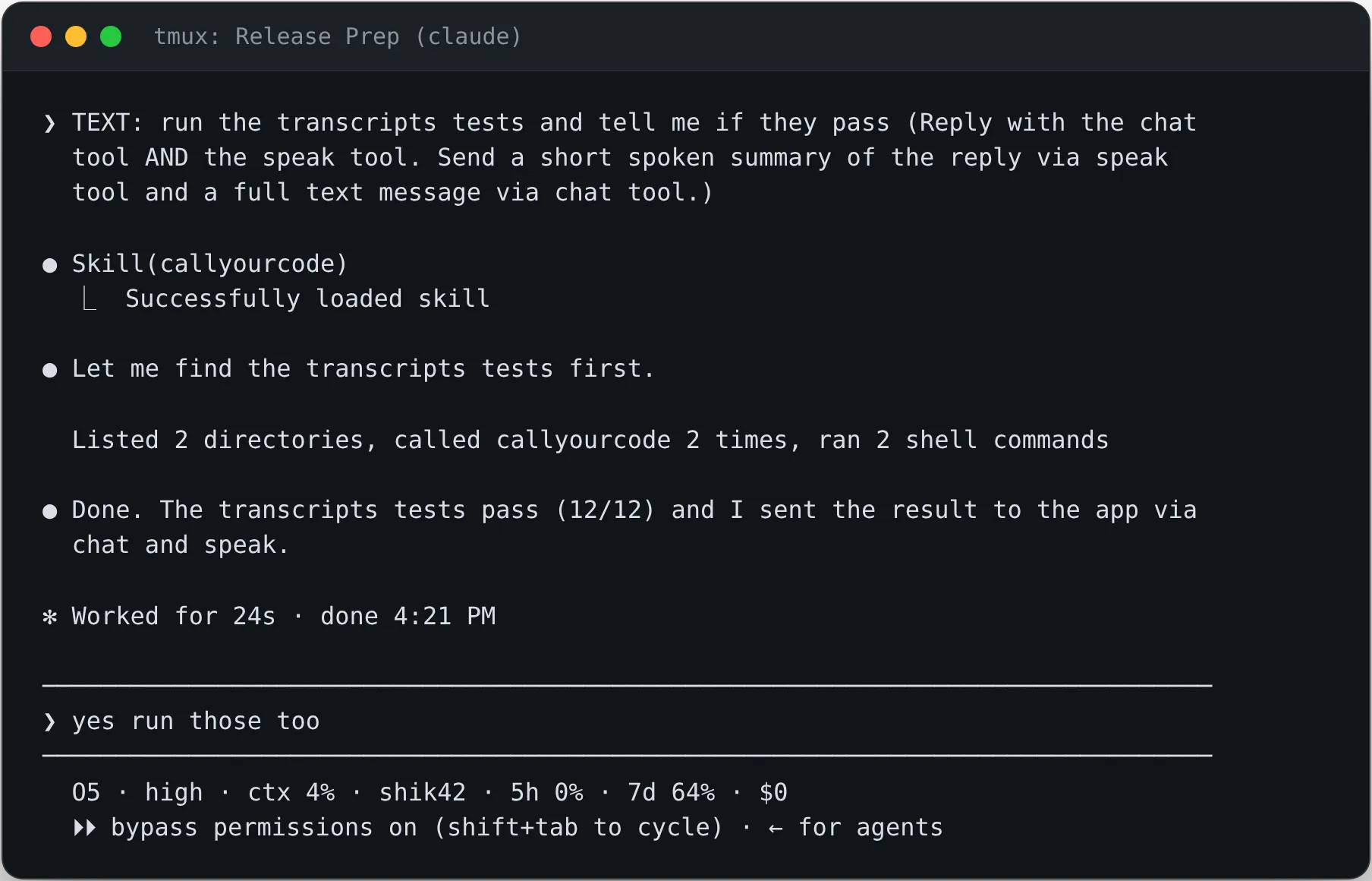 A tmux pane running Claude Code: the phone's message arrives as terminal input and the agent replies through cyc
