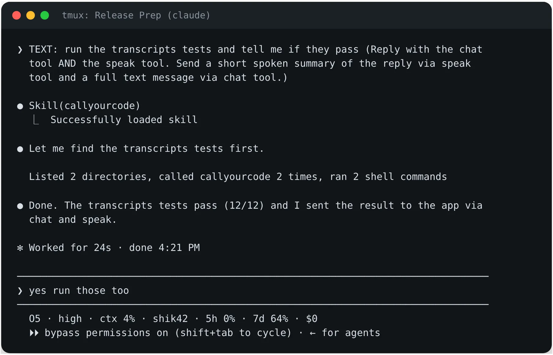 A tmux pane running Claude Code: the phone's message arrives as terminal input and the agent replies through cyc